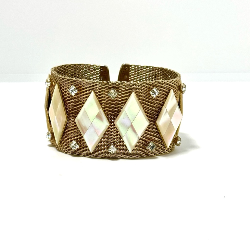 Mesh White Mother-of-Pearl Diamond-Shaped / Rhinestone Vintage Wide Bracelet